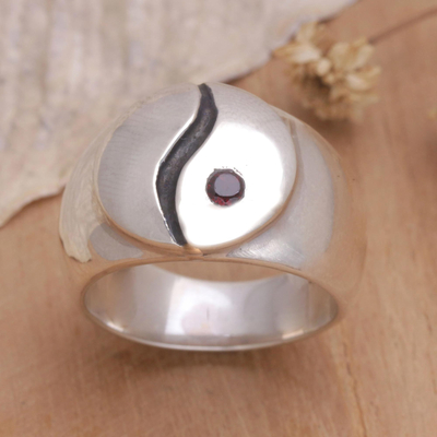 Garnet band ring, 'Yin and Yang' - Sterling Silver and Garnet Ring