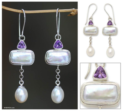 Aretes colgantes de perla cultivada y amatista - Aretes colgantes de perla cultivada y amatista