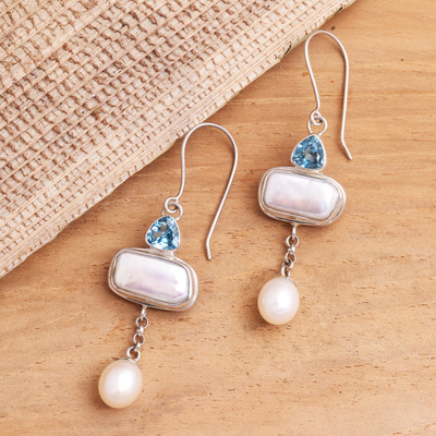 Cultured pearl and blue topaz dangle earrings, 'Allegory' - Cultured pearl and blue topaz dangle earrings