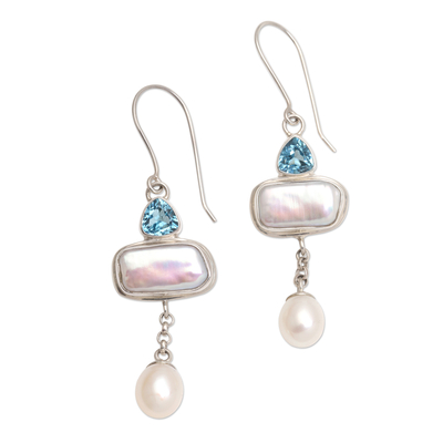 Aretes colgantes de perlas cultivadas y topacios azules - Aretes colgantes de perlas cultivadas y topacios azules