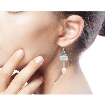 Cultured pearl and blue topaz dangle earrings, 'Allegory' - Cultured pearl and blue topaz dangle earrings