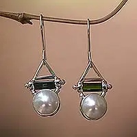 Cultured pearl and tourmaline dangle earrings,