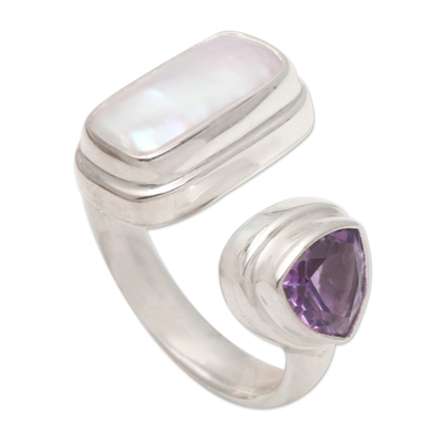 Amethyst and pearl cocktail ring, 'Two Minds' - Pearl and Amethyst Sterling Silver Ring