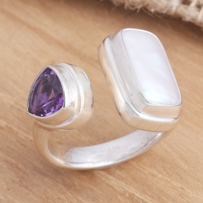 Amethyst and pearl cocktail ring, 'Two Minds' - Pearl and Amethyst Sterling Silver Ring