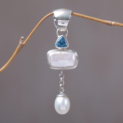 Cultured pearl and blue topaz pendant, 'Allegory' - Cultured Pearl and Blue Topaz Pendant