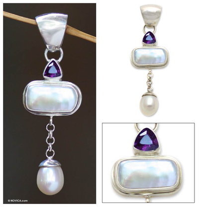 Cultured pearl and amethyst pendant, 'Allegory' - Cultured Pearl And Amethyst Pendant from Indonesia