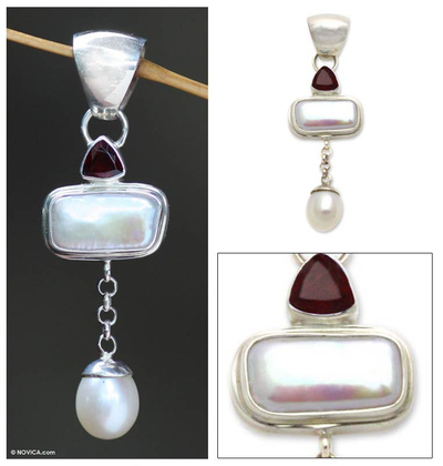 Cultured pearl and garnet pendant, 'Allegory' - Cultured pearl and garnet pendant