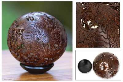Coconut shell sculpture, 'Flying Dragon' - Hand Made Coconut Shell Sculpture