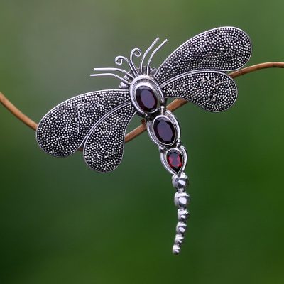 Garnet brooch pin pendant, 'Crimson Dragonfly' - Sterling Silver Garnet Brooch Pin