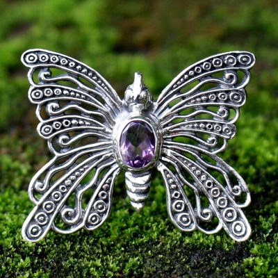 Amethyst brooch pin pendant, 'Bright Butterfly' - Amethyst Sterling Silver Brooch Pin