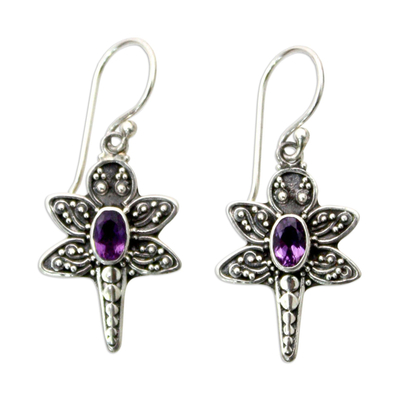 Amethyst dangle earrings, 'Baby Dragonfly' - Amethyst Sterling Silver Dangle Earrings