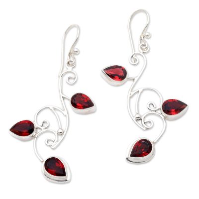 Garnet floral earrings, 'Dewdrop Vines' - Garnet floral earrings