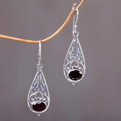 Garnet dangle earrings, 'Center of Attention' - Sterling Silver and Garnet Dangle Earrings