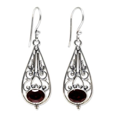 Garnet dangle earrings, 'Center of Attention' - Sterling Silver and Garnet Dangle Earrings