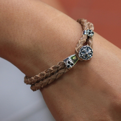 Sterling silver and leather flower bracelet, 'Brown Lotus' - Artisan Crafted Floral Leather Braided Bracelet