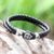 Sterling silver and leather flower bracelet, 'Lotus in Black' - Artisan Crafted Silver and Leather Bracelet (image 2) thumbail