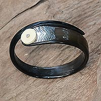 Polished cow bone and horn bangle bracelet, 'Seagull' - Carved Horn and Bone Bangle Bracelet