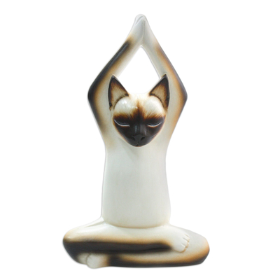 Wood sculpture, 'Toward the Sky Yoga Siamese Cat' - Wood Sculpture Yoga Siamese Cat