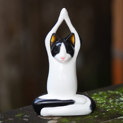 Wood sculpture, 'Toward the Sky Yoga Tuxedo Cat' - Wood sculpture