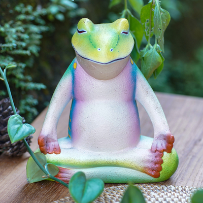 Wood sculpture, 'Tree Frog Meditates' - Wood sculpture