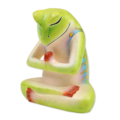 Wood sculpture, 'Froggie Prayer' - Handcrafted Wood Sculpture