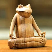 Wood sculpture, 'Frog Meditates' - Serene Meditating Frog Sculpture