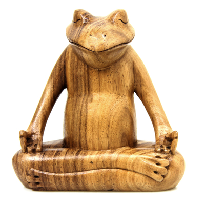 Wood sculpture, 'Frog Meditates' - Hand Made Wood Sculpture