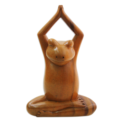 Wood sculpture, 'Toward the Sky Yoga Frog' - Wood sculpture