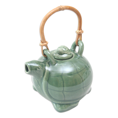 Ceramic teapot, 'Mother Sea Turtle' - Green Hand Made Teapot