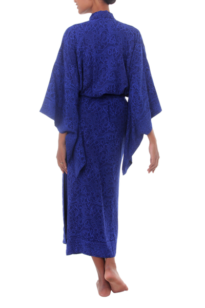 Rayon batik robe, 'Indigo Orchids' - Blue Violet Women's Batik Robe from Indonesia