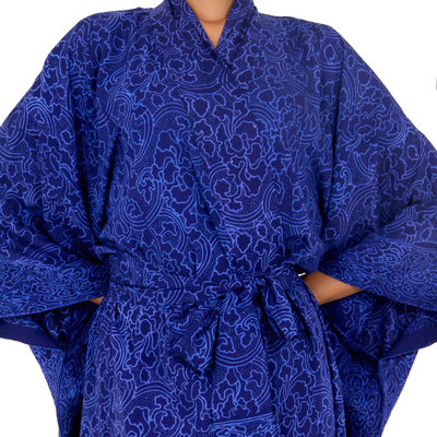 Rayon batik robe, 'Indigo Orchids' - Indigo Women's Batik Robe from Indonesia