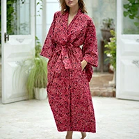 Long cotton batik robe, 'Red Floral Kimono' - Women's Long Red Cotton Batik Wrap and Tie Robe