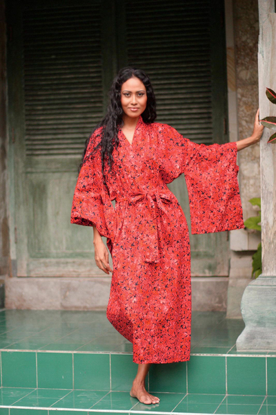 Long cotton batik robe, 'Red Floral Kimono' - Women's Long Red Cotton Batik Wrap and Tie Robe