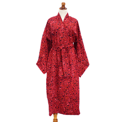 Long cotton batik robe, 'Red Floral Kimono' - Women's Long Red Cotton Batik Wrap and Tie Robe