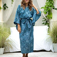 Cotton batik robe, 'Blue Forest' - Artisan Crafted Long Batik Cotton Robe for Women