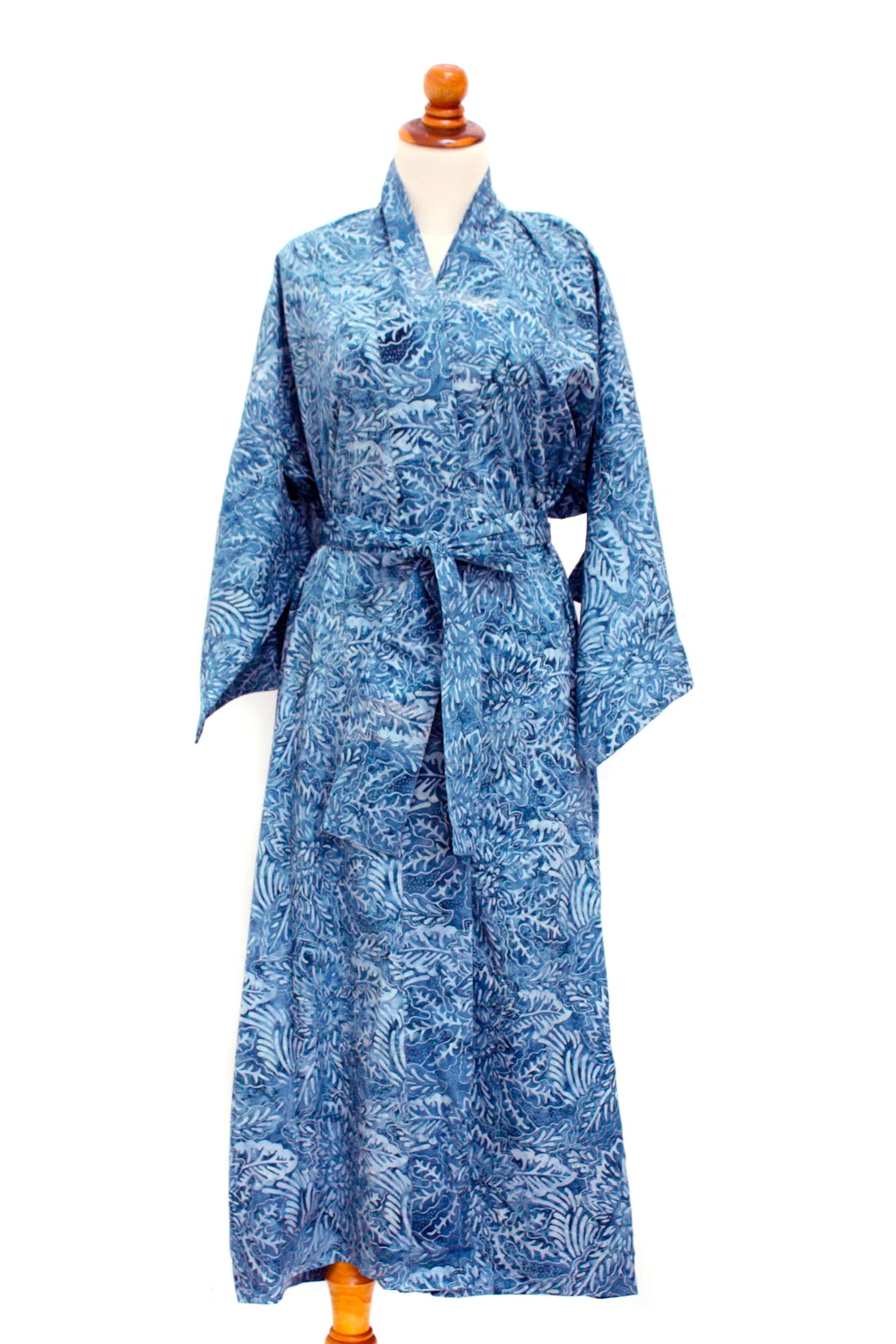 Artisan Crafted Long Batik Cotton Robe for Women - Blue Forest | NOVICA