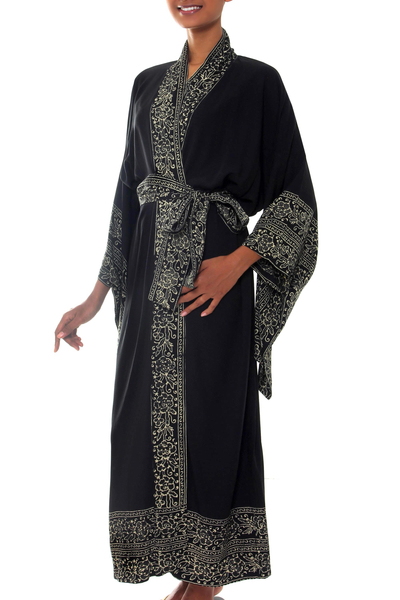 Indonesian Floral Patterned Black and White Robe