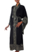 Batik rayon robe, 'Batik Midnight' - Indonesian Floral Patterned Black and Ivory Robe thumbail