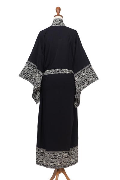 Batik rayon robe, 'Batik Midnight' - Indonesian Floral Patterned Black and Ivory Robe