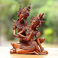 Wood sculpture, 'Hindu Love Story' - Hindu Love Story Wood Sculpture of Rama and Sita