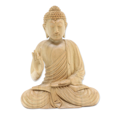 Hand Carved Wood Sculpture - Sitting Buddha | NOVICA