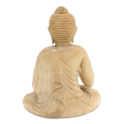 Wood statuette, 'Sitting Buddha' - Hand Carved Wood Sculpture