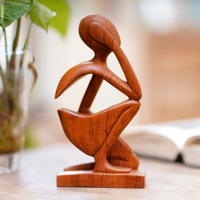 Wood sculpture, 'Alone' - Hand Made Thought and Meditation Wood Sculpture