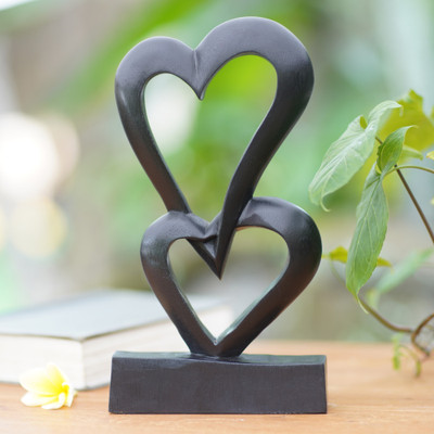 Wood sculpture, 'Linking Hearts' - Romantic Wood Sculpture