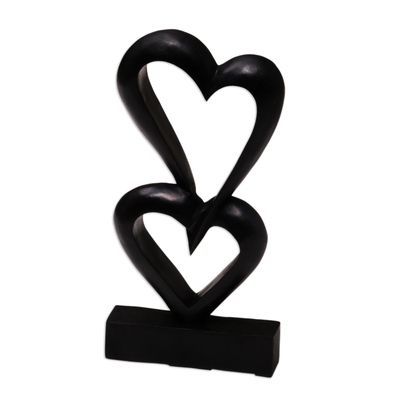 Wood sculpture, 'Linking Hearts' - Romantic Wood Sculpture