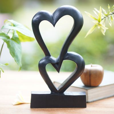 Wood sculpture, 'Linking Hearts' - Romantic Wood Sculpture