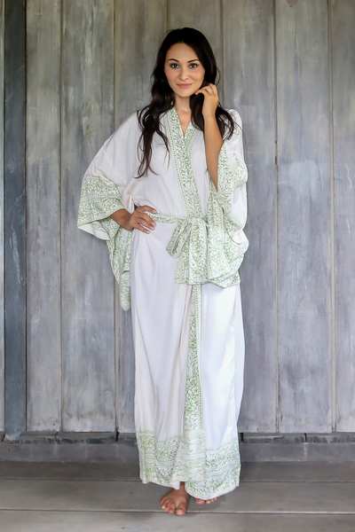 Creamy White Rayon Long Robe with Batik Art Print One Size - Bali ...