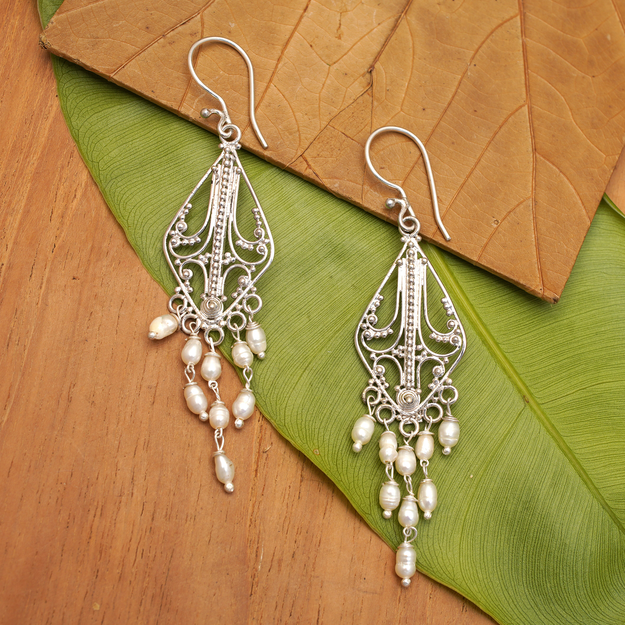 Sterling Silver and Pearl Chandelier Earrings - White Iridescence | NOVICA