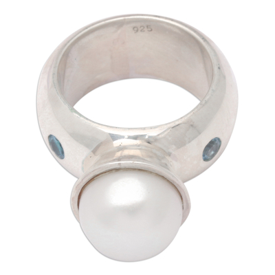 Cultured pearl and blue topaz cocktail ring, 'Moonlight' - Unique Sterling Silver and Cultured Pearl Cocktail Ring