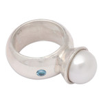 Cultured pearl and blue topaz cocktail ring, 'Moonlight' - Unique Sterling Silver and Cultured Pearl Cocktail Ring